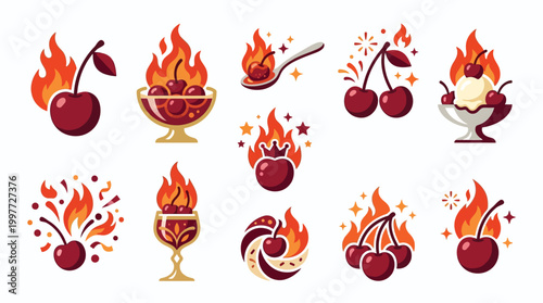 Collection of stylized illustrations featuring cherries on fire, symbolizing heat, spice, and intense flavor, presented in various artistic formats.