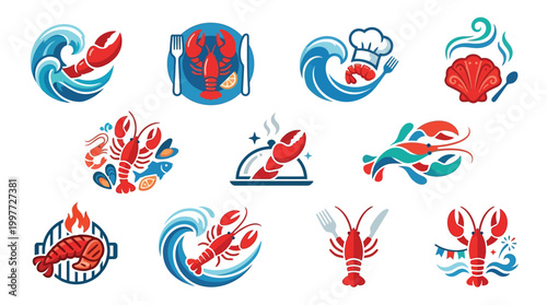 Collection of stylized lobster and seafood restaurant logos featuring waves, chefs hats, and grilling elements.