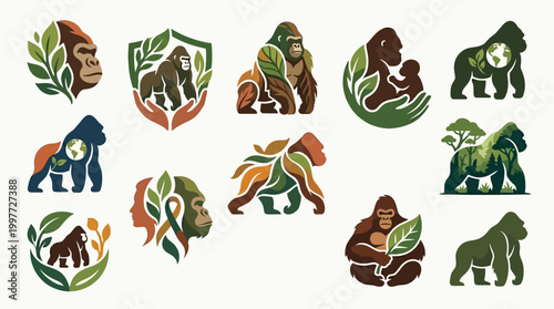 Collection of stylized gorilla logos and icons, emphasizing nature, conservation, and family bonds.