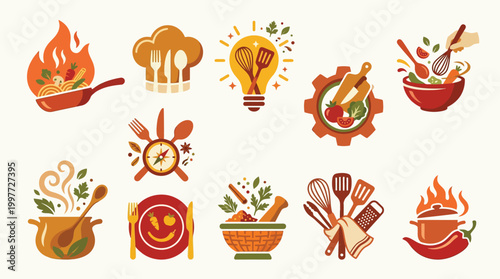 A vibrant collection of culinary icons representing cooking, food preparation, and kitchen creativity, featuring elements like flames, utensils, and fresh ingredients.