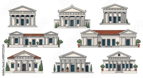 Collection of classical architectural building illustrations in vector line art style.