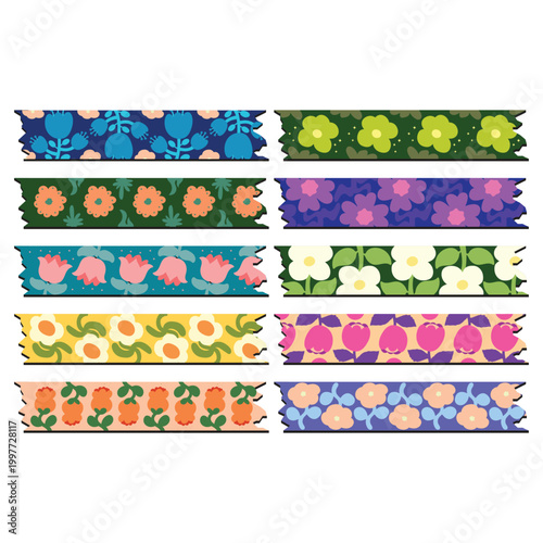 Washi Tapes Flower Collection Flat Design Cartoon Icon Illustration
