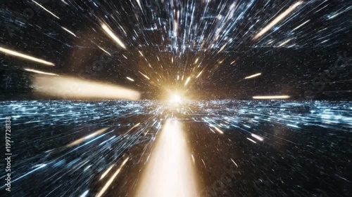 Cosmic Journey: A captivating image shows a journey through a luminous tunnel of light and data, representing speed and the vastness of the cosmos.