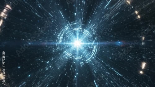 Vivid Burst of Technology: The image captures a mesmerizing technological core, emitting radiant energy through a network of intricate digital pathways.