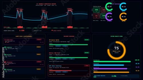 A sophisticated Realtime Observability Dashboard displays dynamic data flow and system health metrics through glowing holographic interfaces for advanced cybersecurity and anomaly detection operations