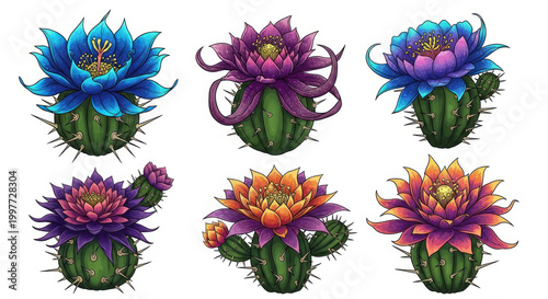 Vibrant Illustrated Cacti with Colorful Exotic Flowers in Various Hues.