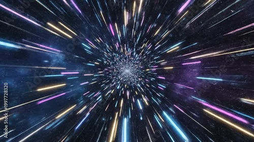 Cosmic Journey: A mesmerizing visual of light streaks and celestial bodies that evoke a sense of infinite travel and cosmic wonder.