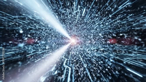Data Stream Dynamics: Abstract digital art, electric blue light beams radiate powerfully from a central point, symbolizing the intricate pathways and energy flows of the digital realm.