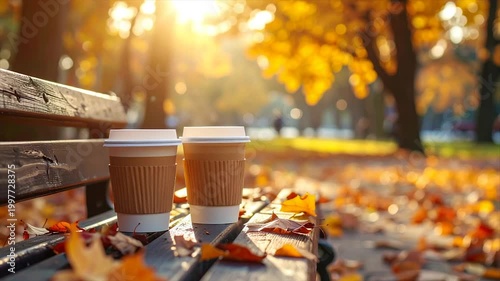 Two to-go cups on a park bench, fall foliage, sunlight filtering through trees