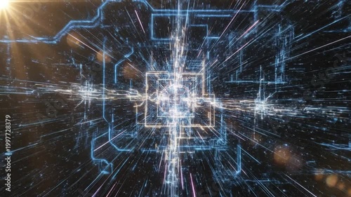 Digital Network Universe: An abstract depiction of an intricate digital network, with illuminated lines weaving across a cosmic void.