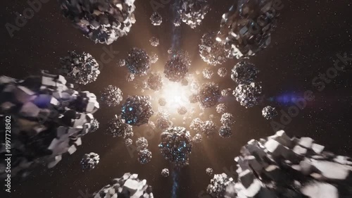 Cosmic Cube Formation: Abstract portrayal of celestial bodies congregating around a central light source, suggesting the intricate dance of matter and energy in the vastness of space.