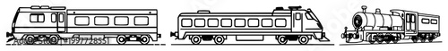 Train icon set with stylized line art design featuring train, transportation, rail with black and white and minimalist illustration
