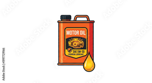 Motor oil canister with label and drop of oil on white background  