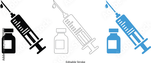 Vector syringe and bottle icons in editable stroke styles