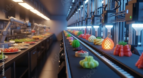Automated food production line with robotic arms preparing meals and 3d printed food items on a conveyor belt in a futuristic kitchen