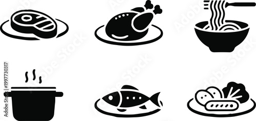 food icons vector set meat poultry pasta soup vegetables fish