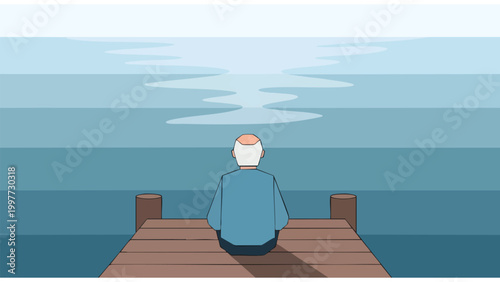 Senior man meditating on dock, peaceful ocean view, mindfulness, retirement lifestyle
