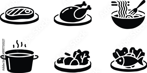 food icons flat line art steak roast chicken noodle bowl