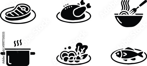 food icons collection meat poultry pasta cooking pot fish