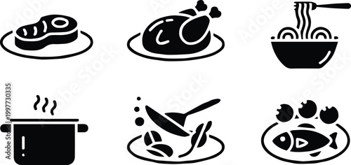 food icons set steak chicken noodles pot vegetables fish