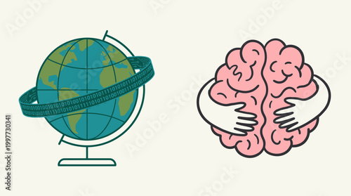 A person holds a globe with a brain on it in their hands.