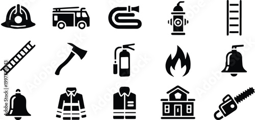 firefighter pictogram pack station bell siren chainsaw building