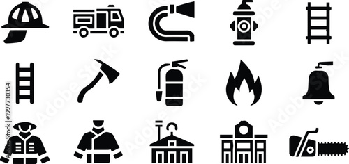 firefighter silhouette set axe hose ladder extinguisher badge