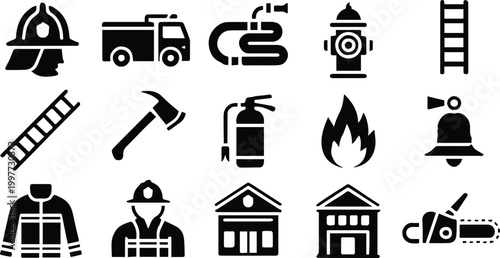 firefighter icons set firefighting equipment and safety symbols