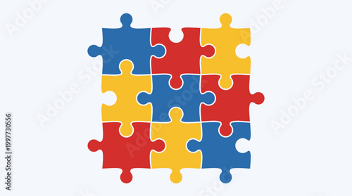 A colorful puzzle piece arrangement forms a square on a plain background.