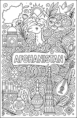 Afghanistan hand drawn vector illustration doodle art line art coloring page for kids
