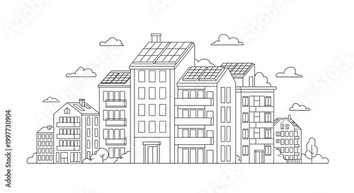 Modern Sustainable City Line Art Illustration with Buildings and Solar Panels on Roofs for Green Energy and Eco-Friendly Urban Life