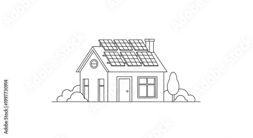 Eco-Friendly House with Solar Panels Line Art Illustration - Minimalist Vector of Sustainable Residential Building