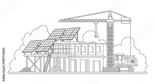 Eco-Friendly Building Construction Site with Solar Panels and Tower Crane Coloring Page Vector Illustration