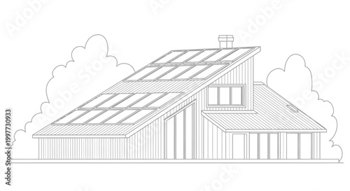 Modern Eco-Friendly House with Solar Panels Line Art Illustration for Coloring Book and Sustainable Architecture Concept
