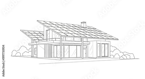 Modern Sustainable House Architectural Sketch with Solar Panels, Contemporary Home Line Art Illustration for Eco-Friendly Living Concept