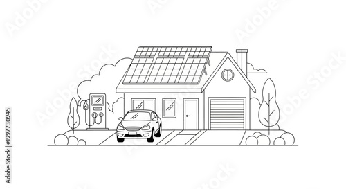 Eco-Friendly House with Solar Panels and Electric Car Charging Station Line Art Illustration