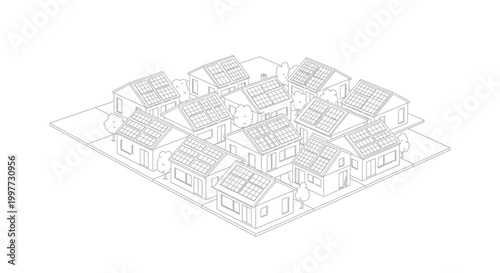 Isometric Line Art Illustration of a Sustainable Neighborhood with Solar Panels on Rooftops