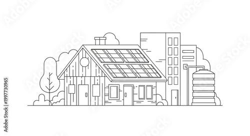 Eco-friendly house with solar panels and sustainable energy systems line art illustration