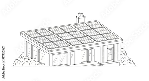 Minimalist Line Art of a Modern Eco-Friendly House with Solar Panel Installation on Roof
