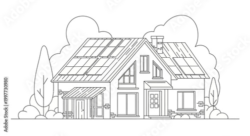 Modern Eco-Friendly House with Solar Panels Line Art Illustration for Coloring Book and Architectural Design