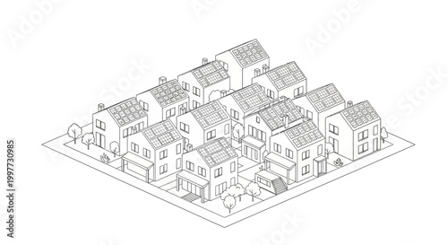 Isometric Line Art of Sustainable Neighborhood with Solar Panels on Modern Eco-Friendly Houses