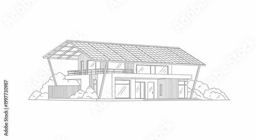 Modern Eco-Friendly House Sketch with Solar Panels, Minimalist Architectural Line Art of a Sustainable Contemporary Home