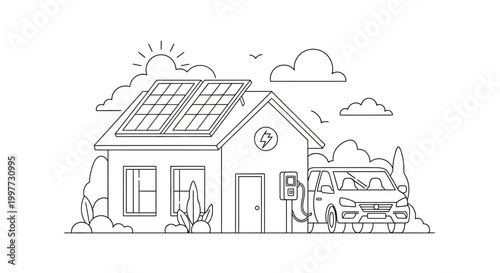 Sustainable Home Line Art Illustration with Solar Panels on Roof and Electric Car Charging Station