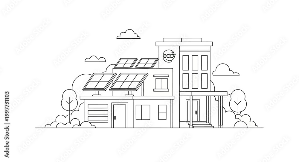 Naklejka premium Modern Eco-Friendly House with Solar Panels Line Art Illustration, Sustainable Architecture and Green Energy Concept