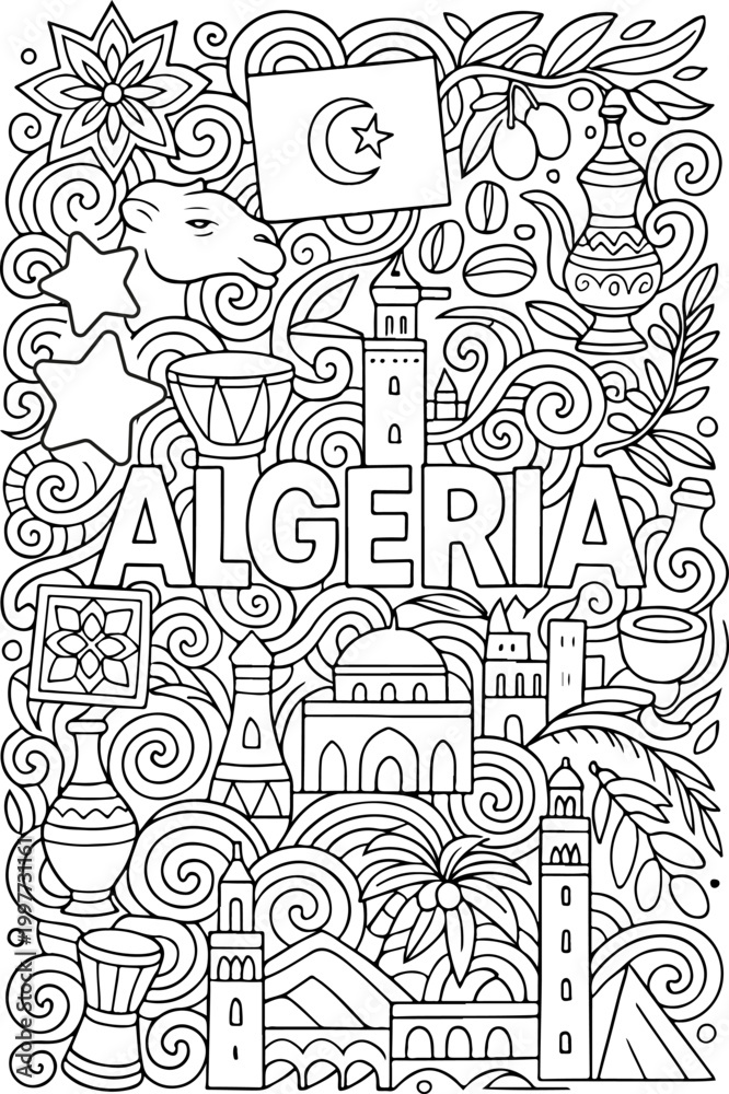Fototapeta premium Algeria hand drawn vector illustration doodle art line art coloring page for kids