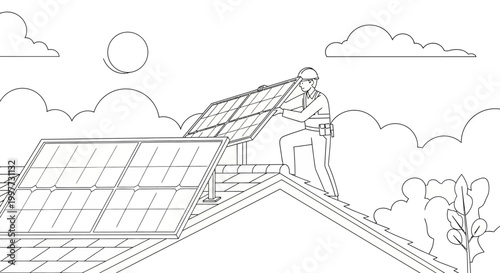 Professional Technician Installing Solar Panels on Residential Rooftop Line Art Illustration, Renewable Energy Concept Coloring Page