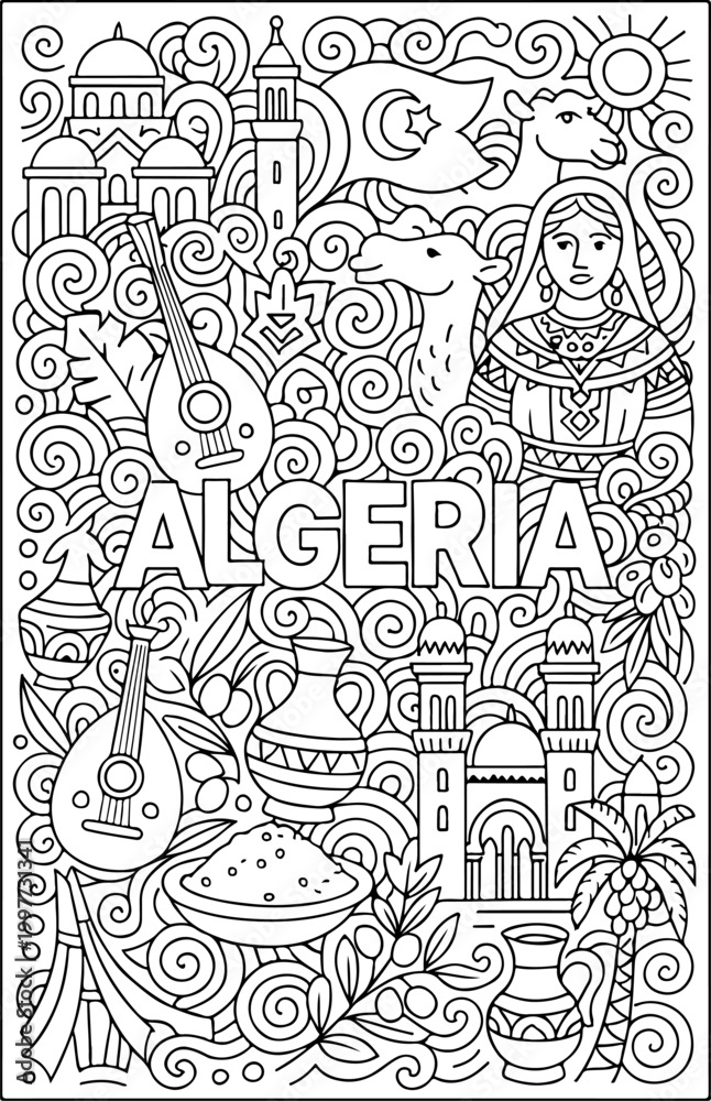 Obraz premium Algeria hand drawn vector illustration doodle art line art coloring page for kids