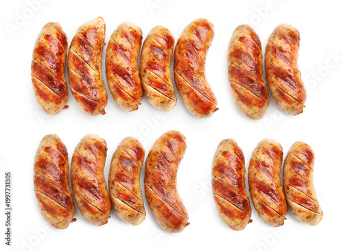 Schilderij op canvas Tasty grilled sausages isolated on white, set. Top view