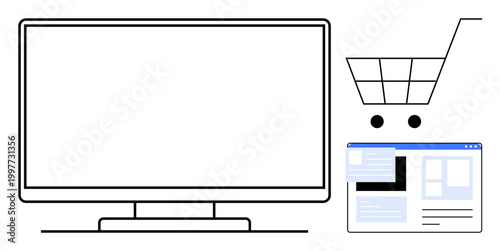 E-commerce, online retail, digital marketing, web shopping, user interface, product display. Computer screen, shopping cart and web page graphic. E-commerce and online retail concept