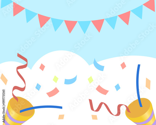 爽やかな水色背景のパーティー素材 ガーランドとクラッカーと紙吹雪